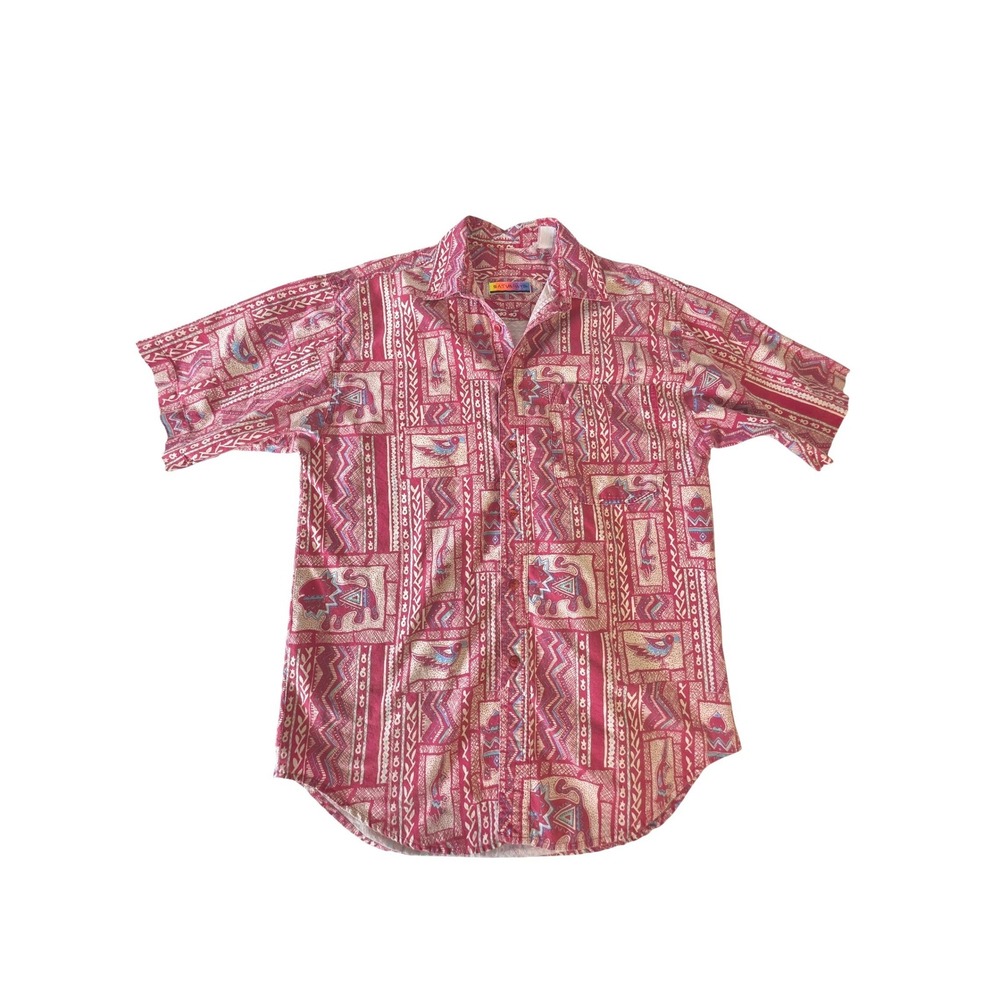 Vintage Abstract Tribal Novelty Print Button Up Short Sleeve Shirt Pink‎ Medium